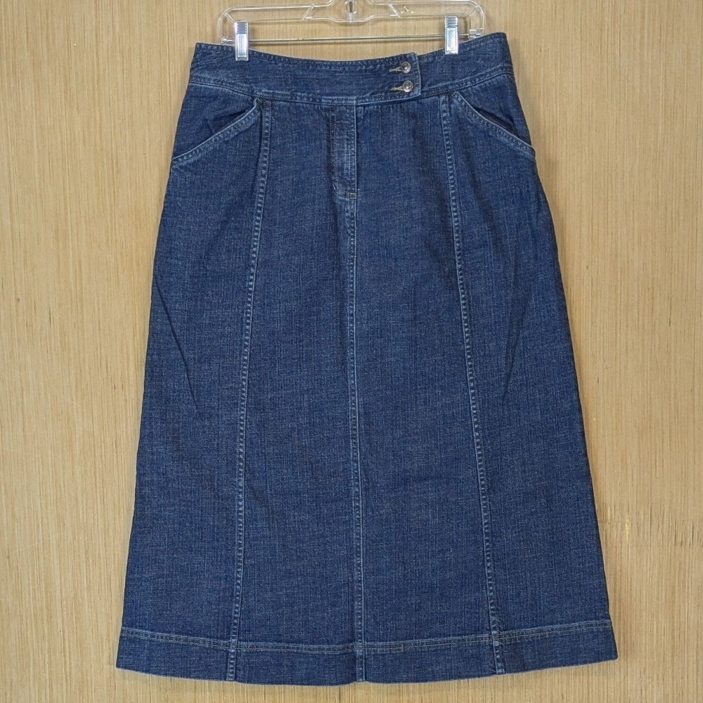 Vintage 90s Y2K Boho Western Modest Denim Midi Skirt 12 Dark Wash A-Line Stretch